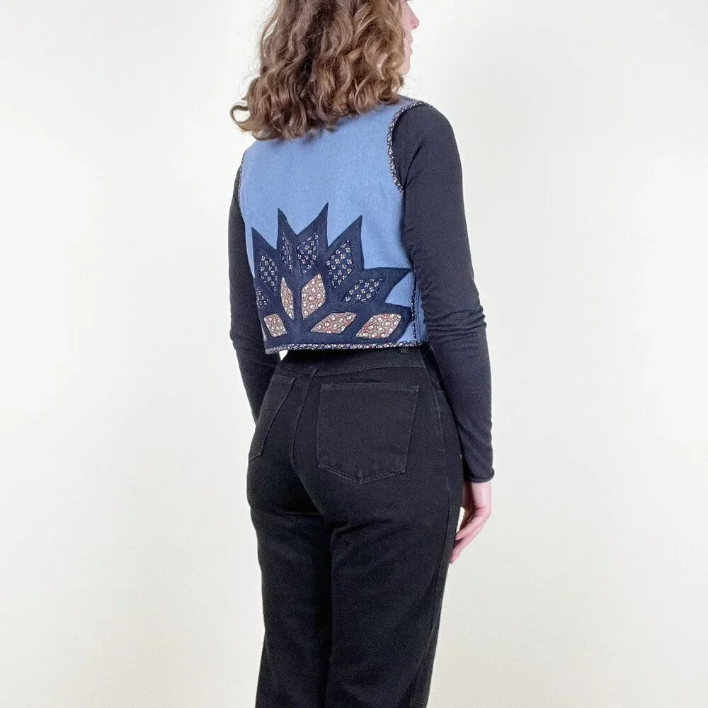 Vintage Handmade Cropped Vest Scandinavian Nordic Floral Print Crop Quilted Boho - Picture 3 of 6